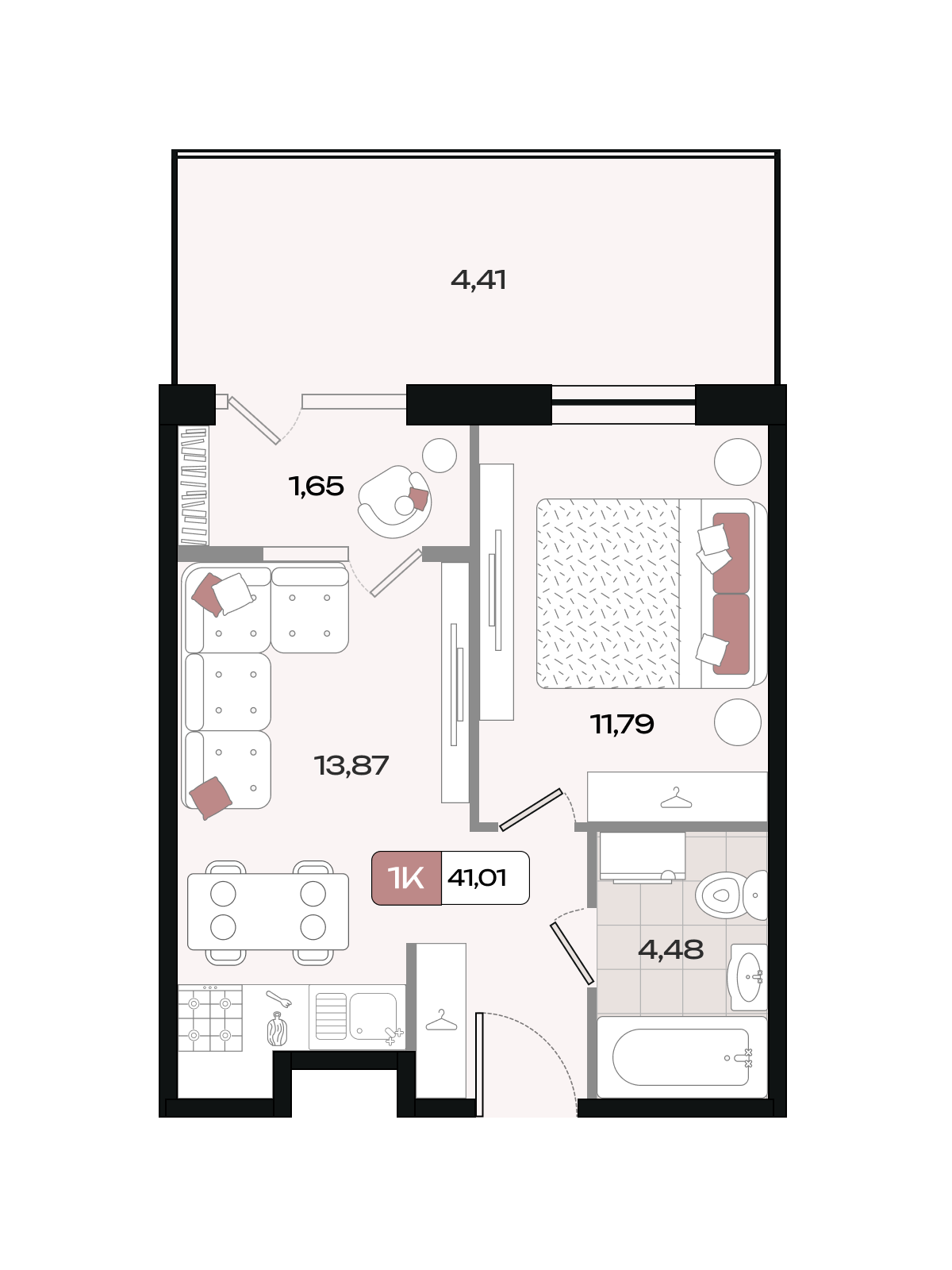 Планировка 1-комнатная 41,01 м²