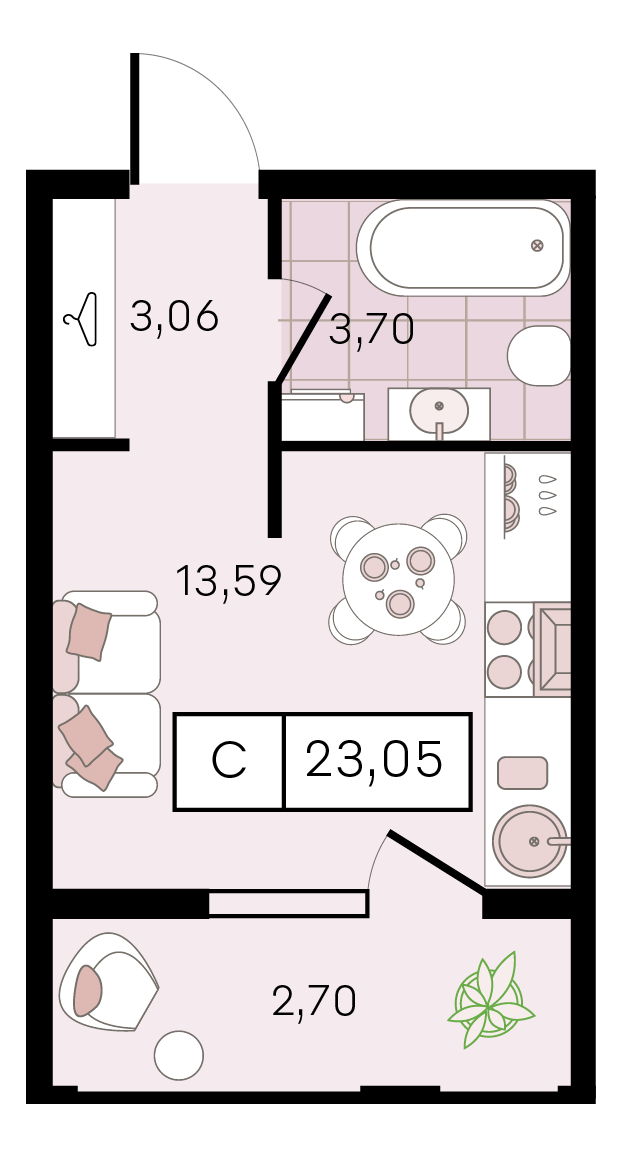 Планировка Студия 23,05 м²