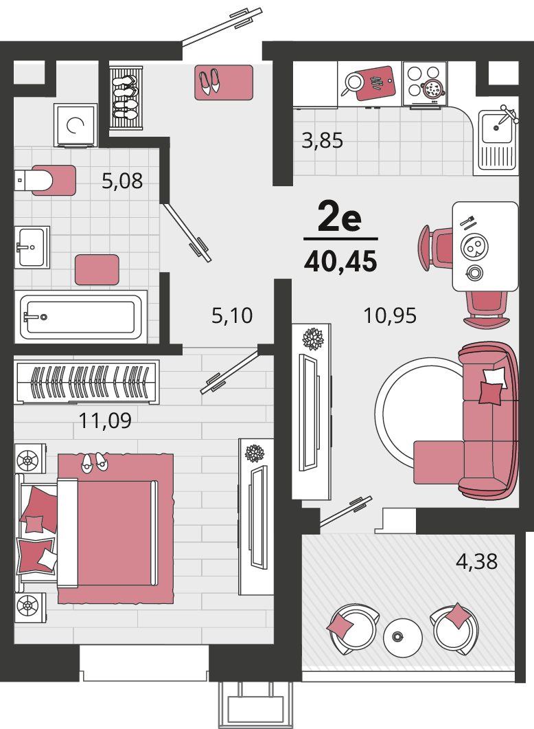 Планировка 2-комнатная 40,45 м²