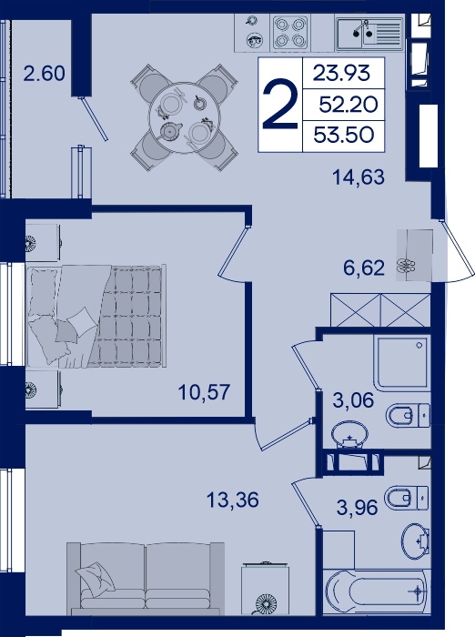 Планировка: 2-комн. квартира 53,5 м²