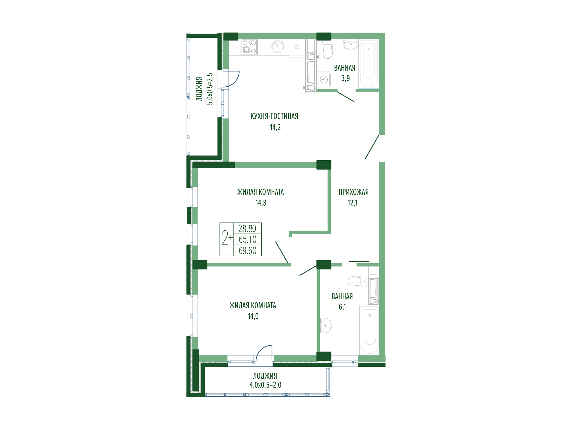 Планировка: 2-комн. квартира 71,7 м²
