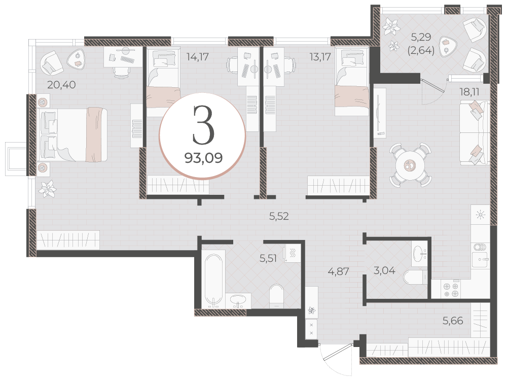 Планировка 3-комнатная 93,09 м²