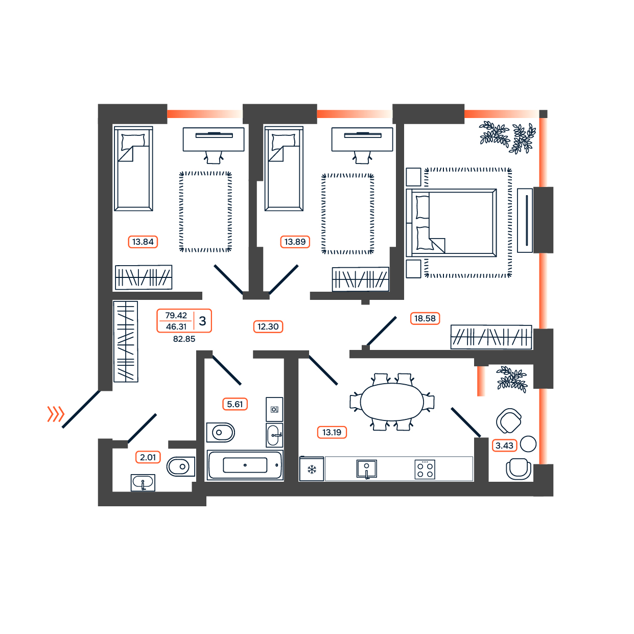 Планировка: 3-комн. квартира 82,9 м²