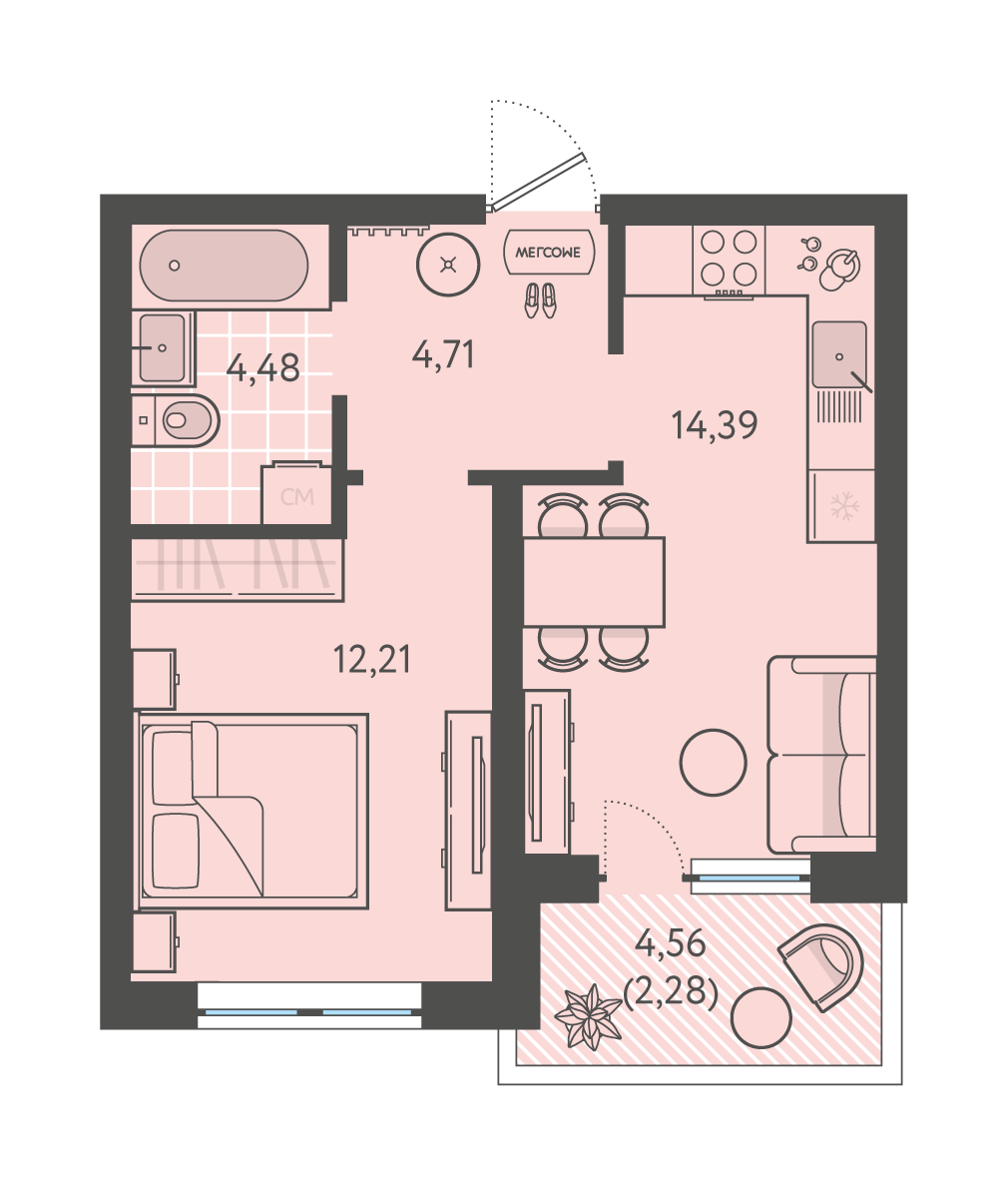 Планировка: 1-комн. квартира 38,1 м²
