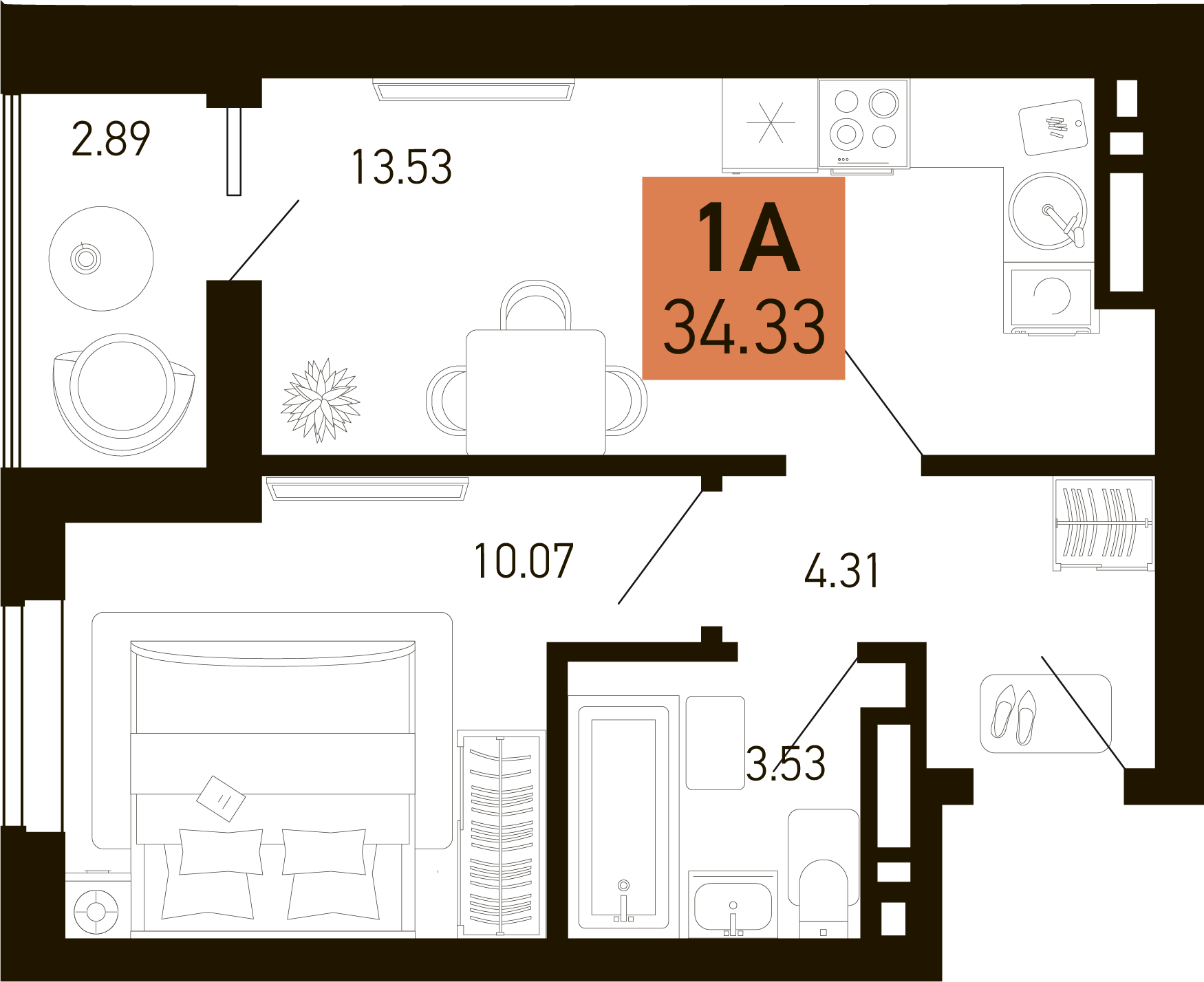Планировка 1-комнатная 34,33 м²