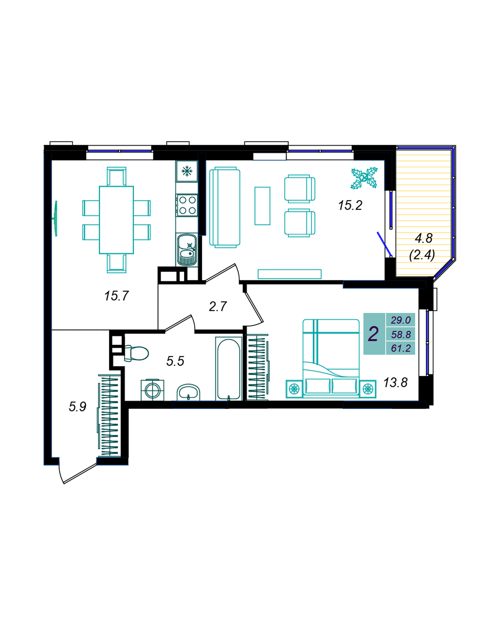 Планировка: 2-комн. квартира 61,2 м²