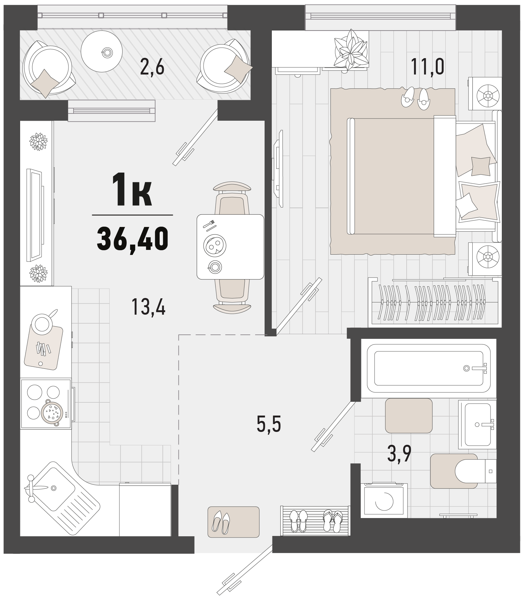 Планировка 1-комнатная 36,4 м²