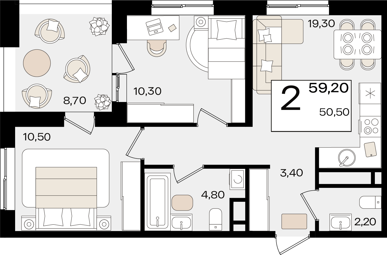 Планировка 2-комнатная 59,2 м²