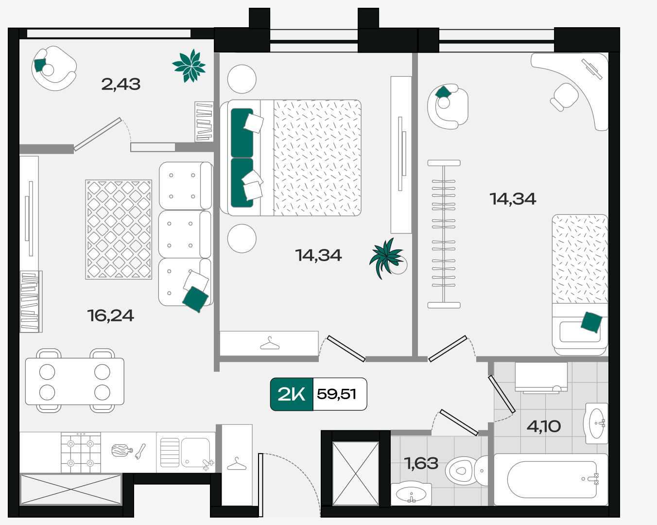 Планировка: 2-комн. квартира 59,5 м²