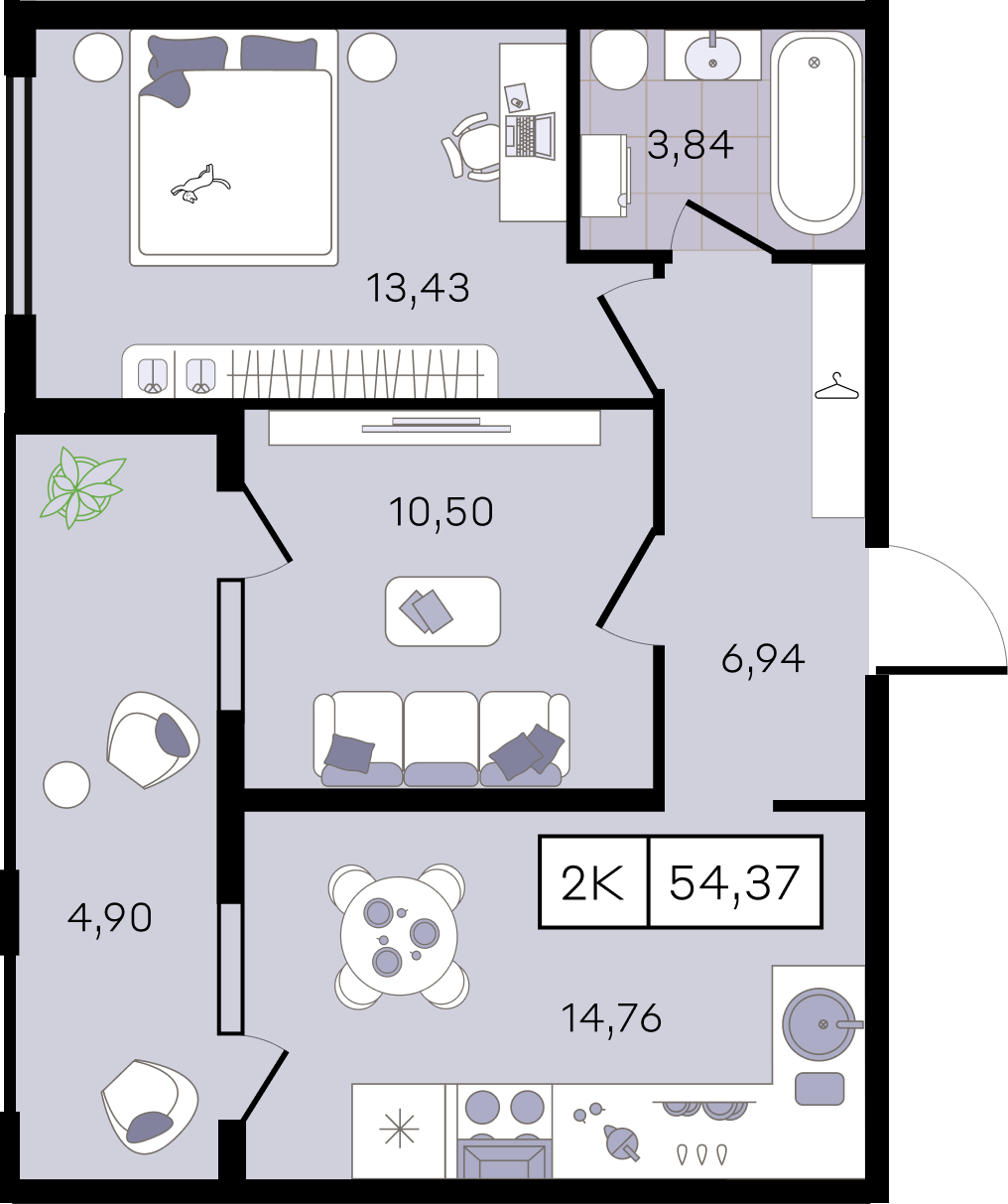 Планировка: 2-комн. квартира 54,4 м²