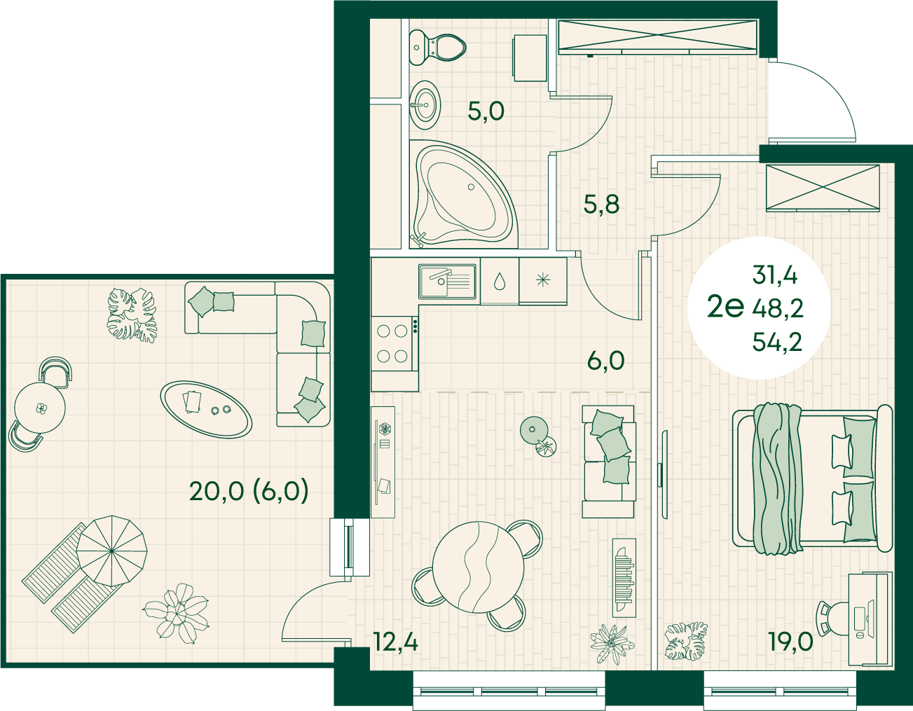 Планировка: 2-комн. квартира 54,2 м²