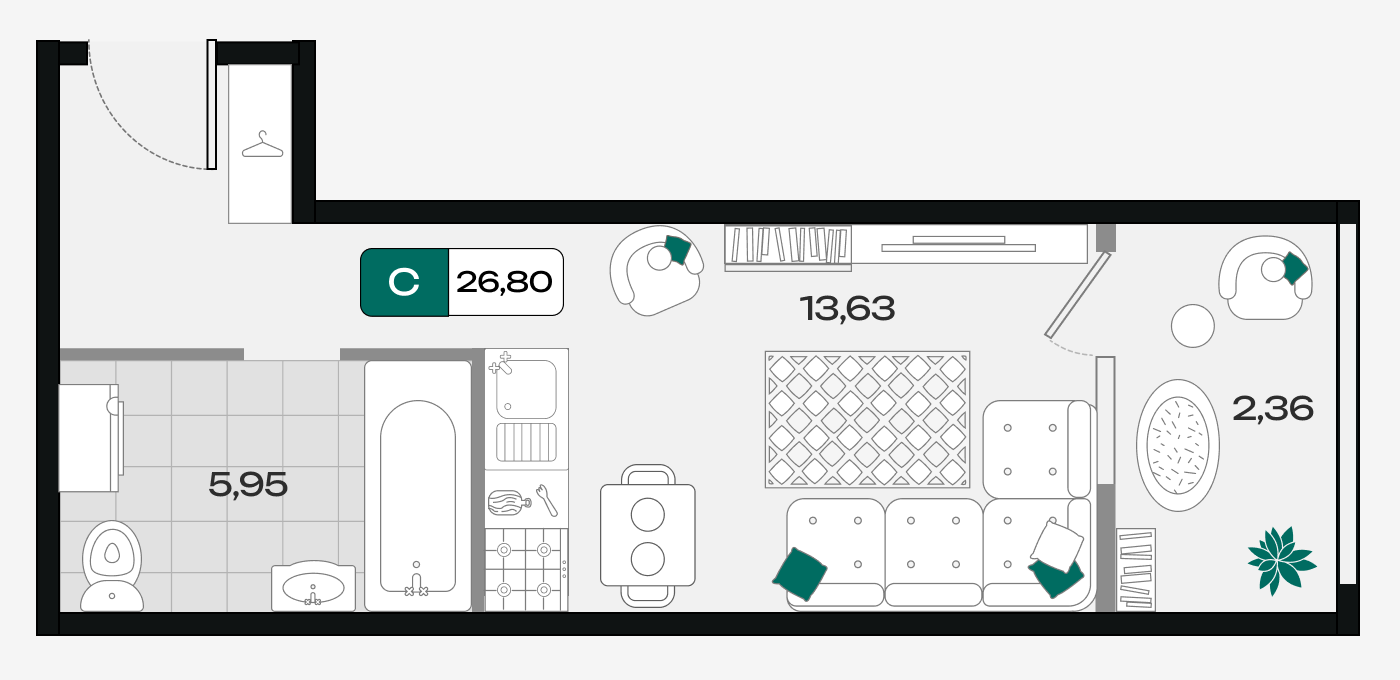 Планировка: Студия 26,8 м²