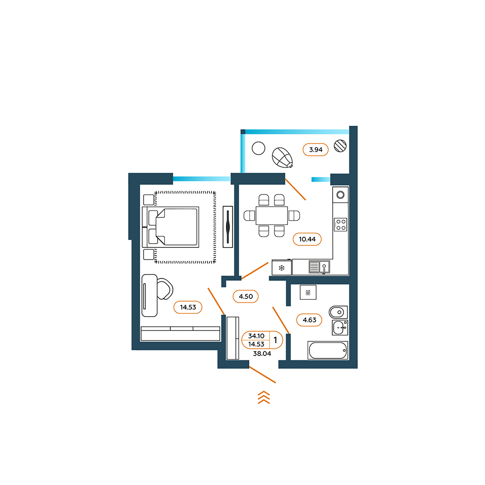 Планировка: 1-комн. квартира 38,5 м²