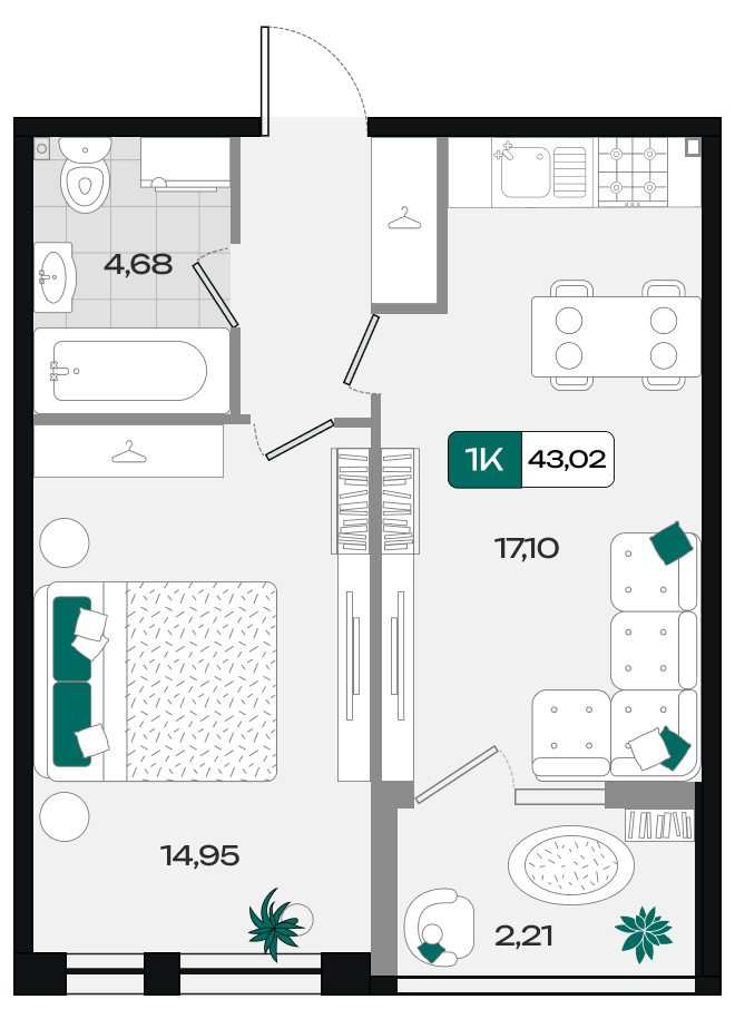 Планировка 1-комнатная 43,02 м²