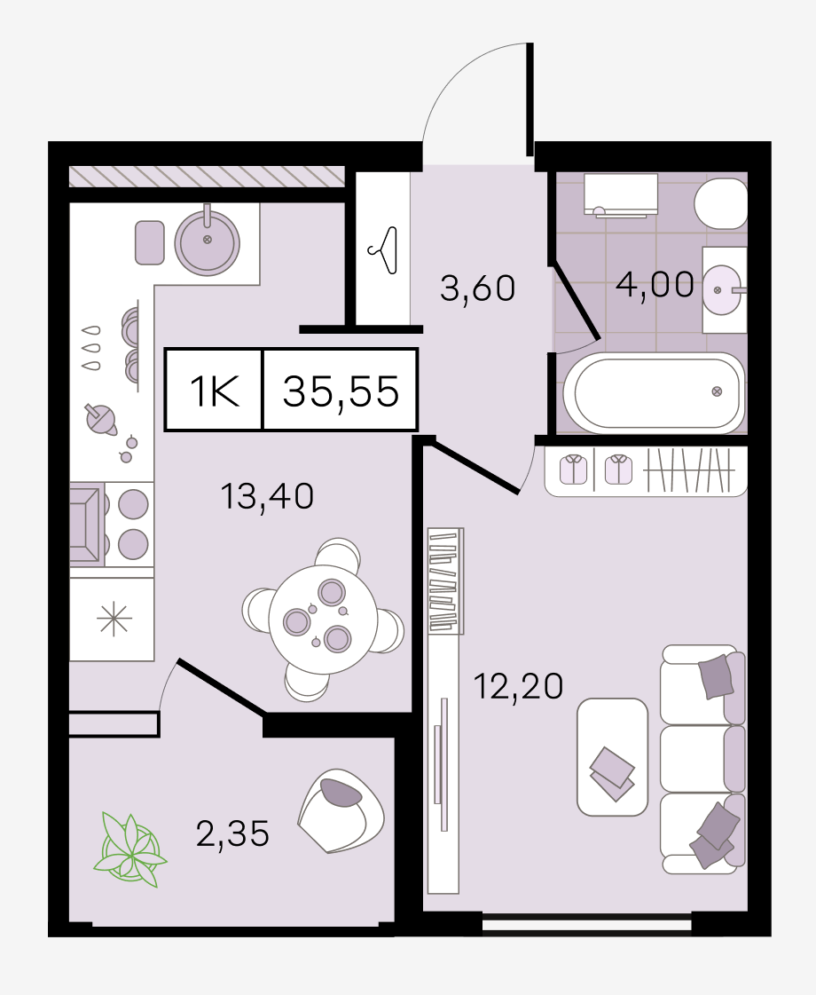 Планировка 1-комнатная 35,55 м²