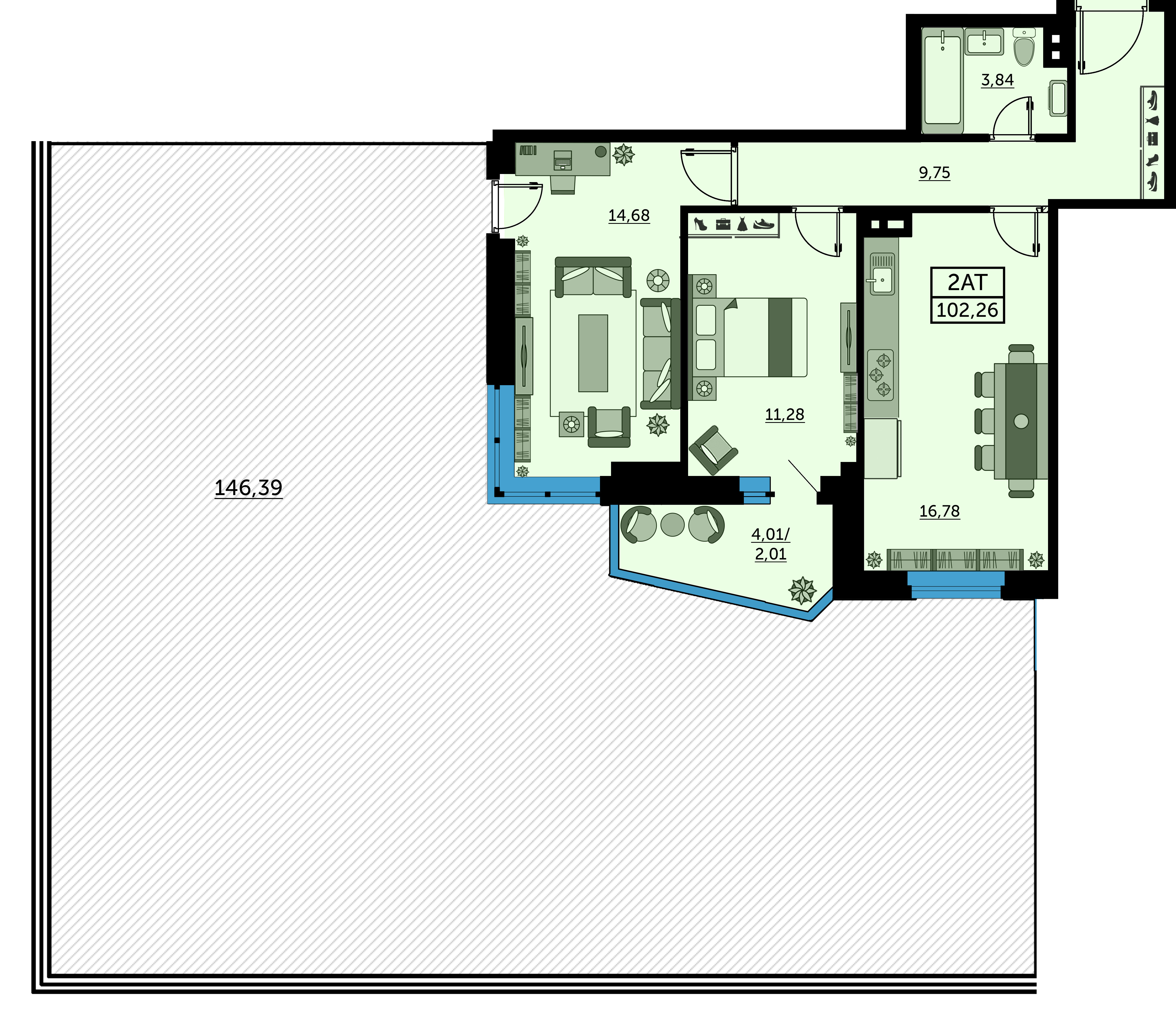 Планировка 2-комнатная 102,5 м²