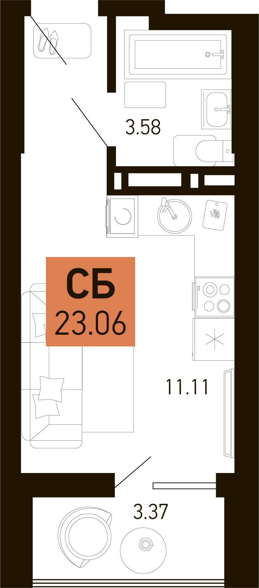 Планировка Студия 23,06 м²