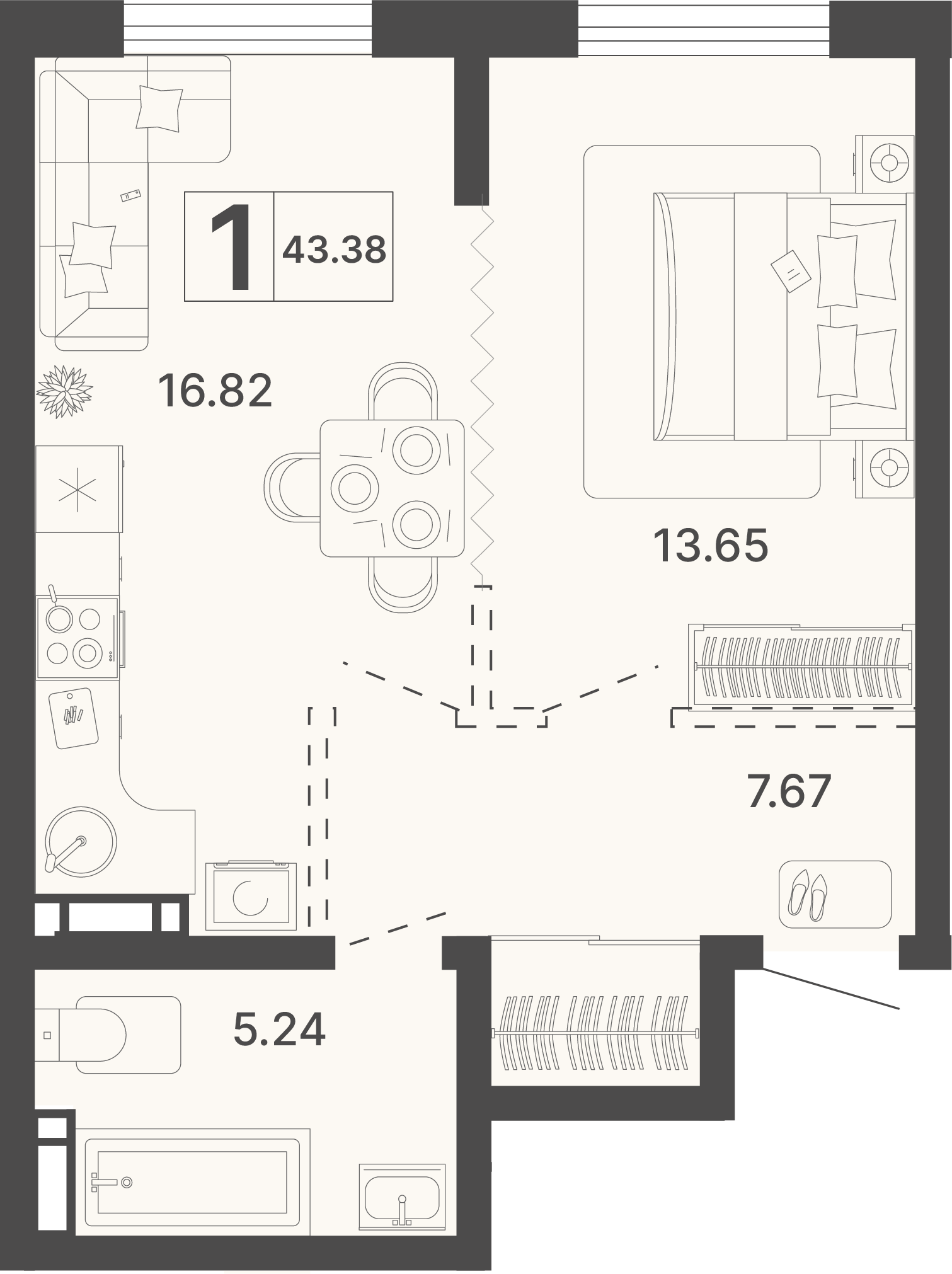 Планировка 1-комнатная 43,38 м²