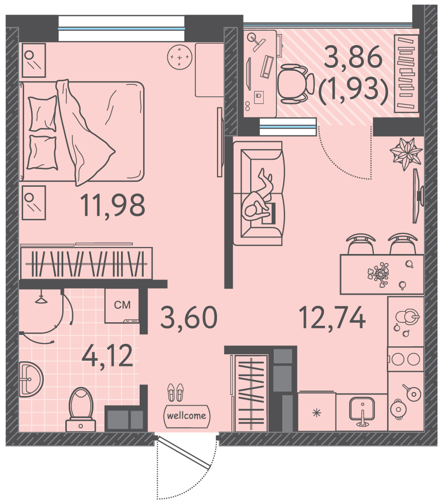 Планировка 1-комнатная 34,25 м²