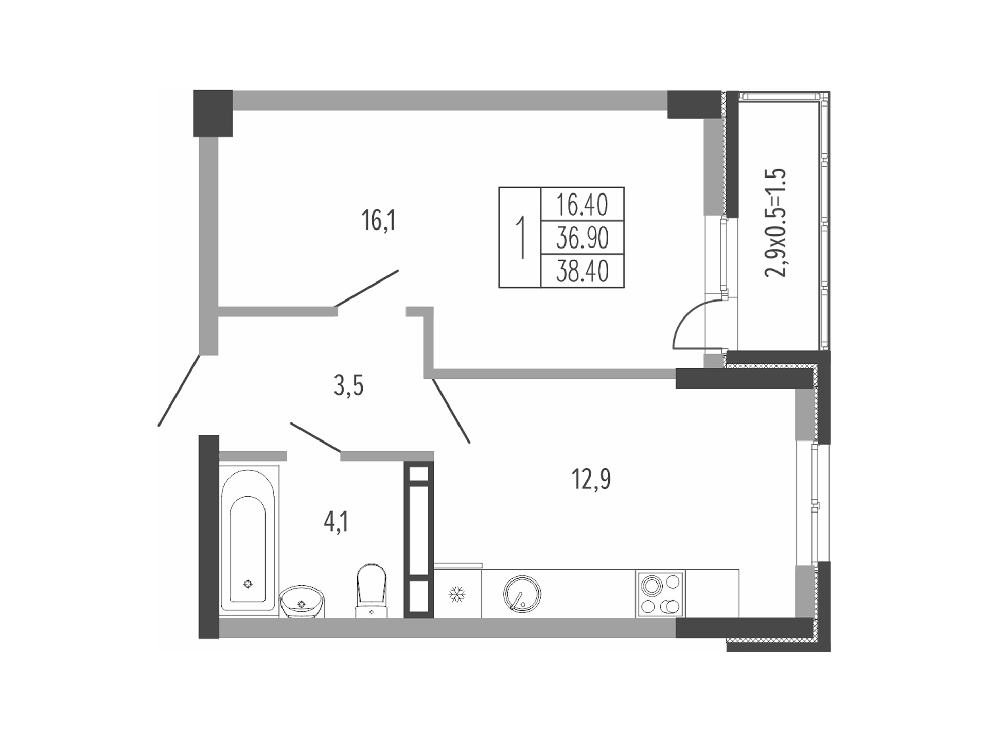 Планировка: 1-комн. квартира 39,5 м²