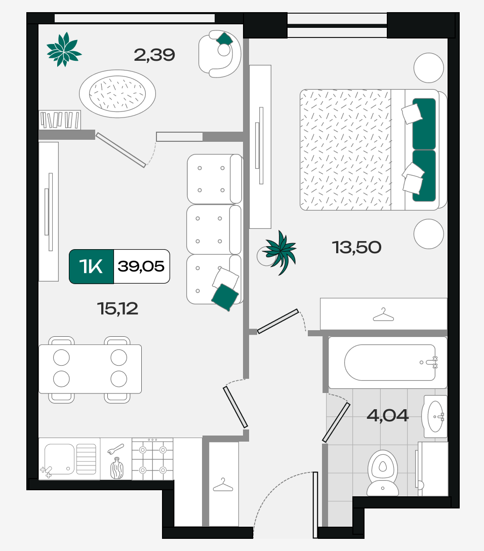 Планировка 1-комнатная 39,05 м²
