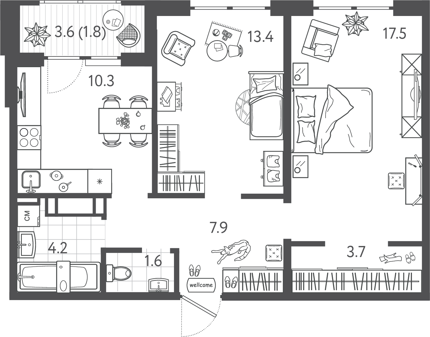 Планировка 2-комнатная 60 м²