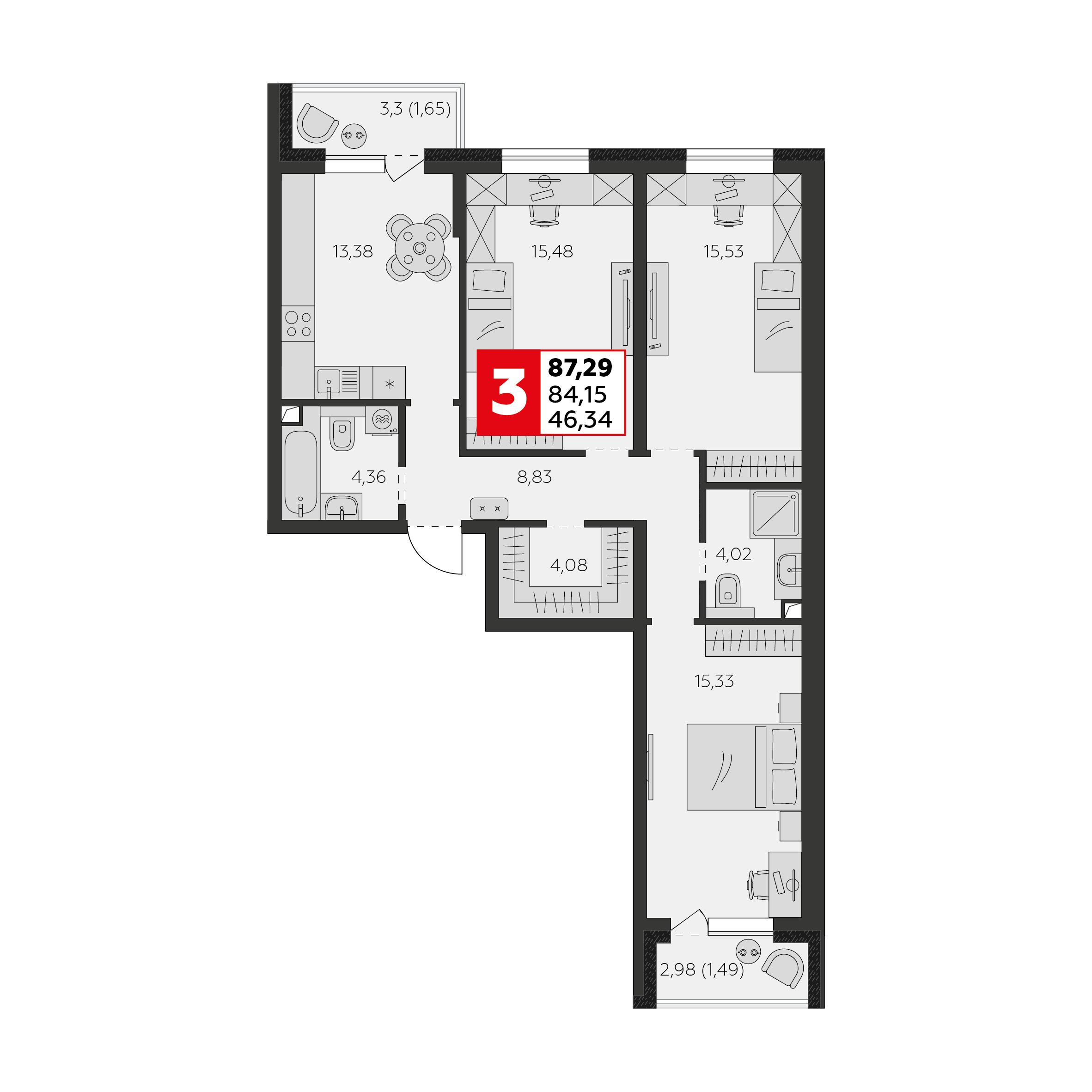 Планировка: 3-комн. квартира 84,2 м²