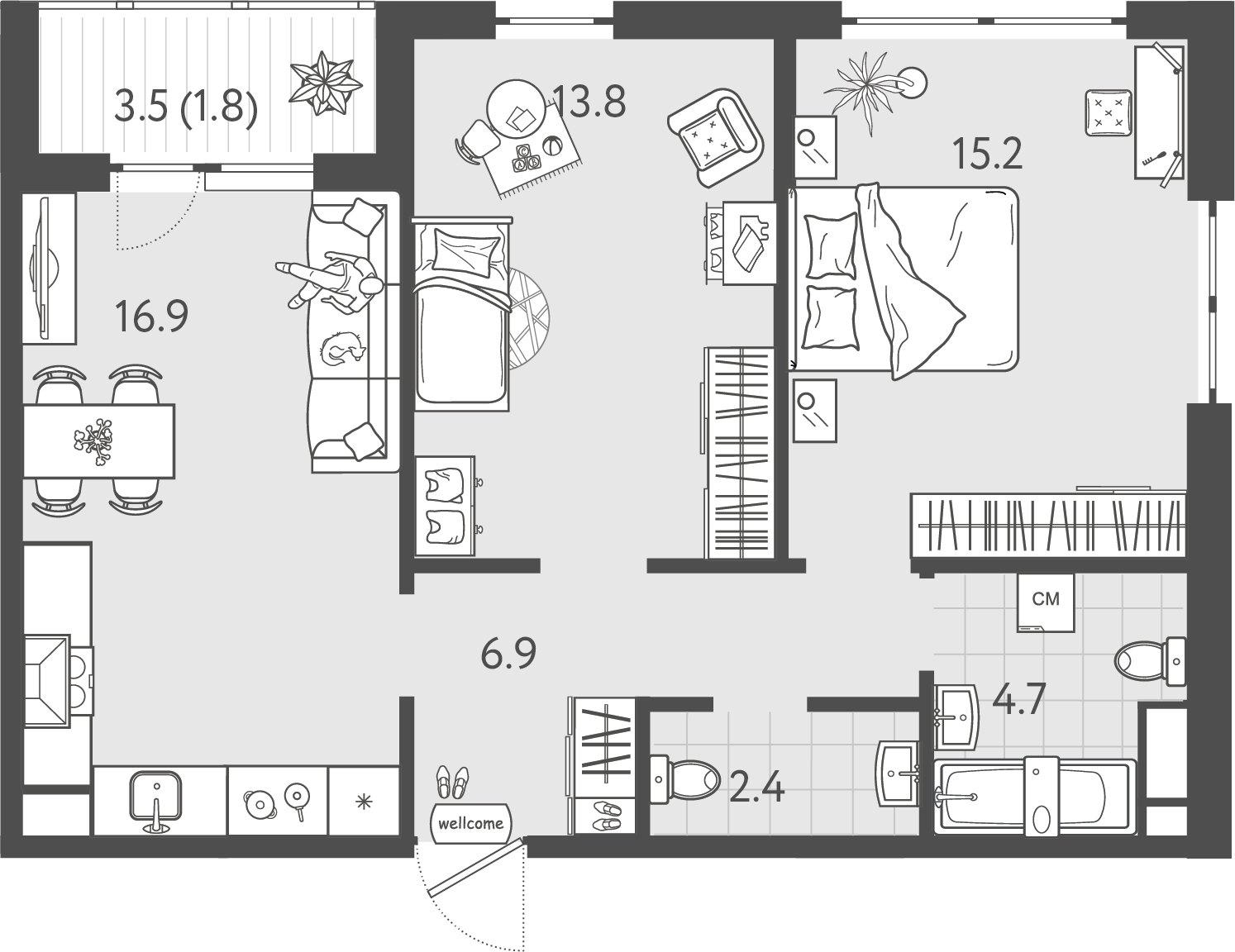 Планировка: 2-комн. квартира 61,7 м²