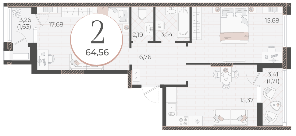 Планировка 2-комнатная 64,56 м²