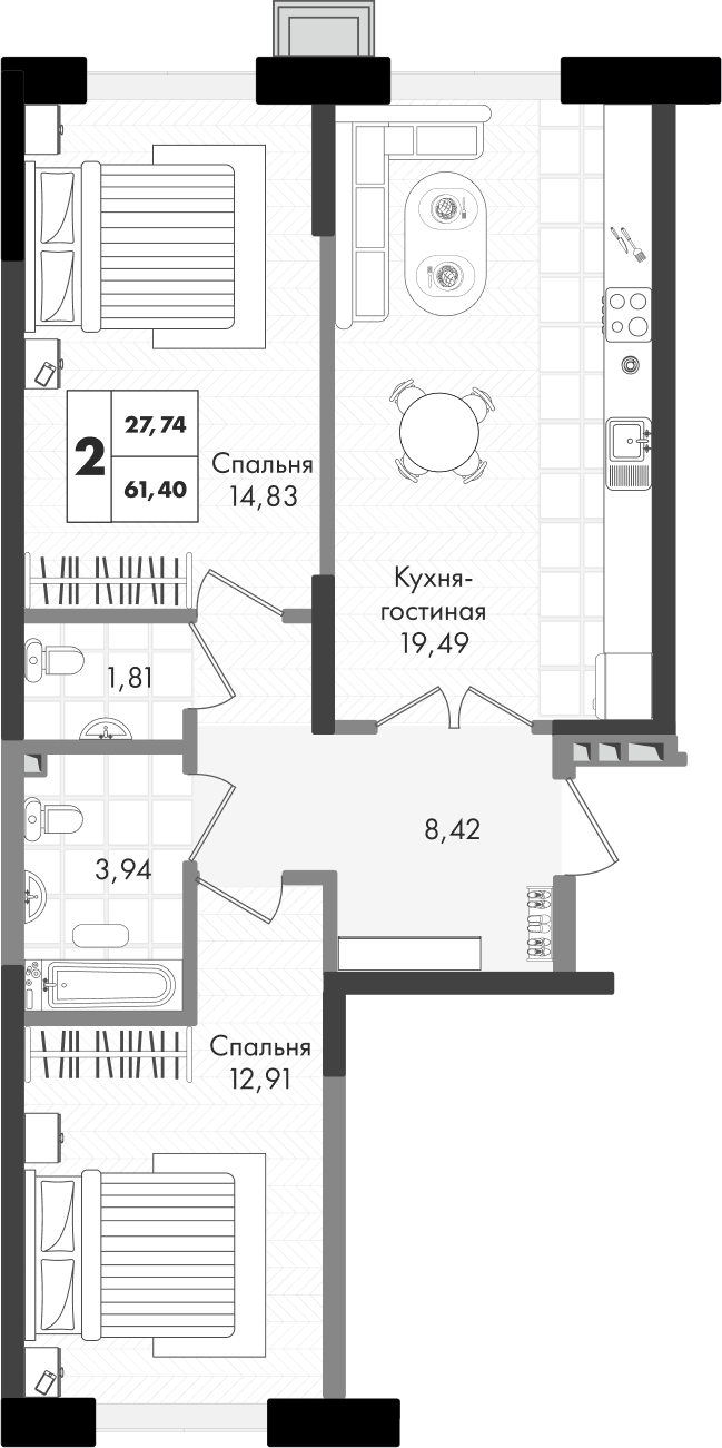 Планировка 2-комнатная 61,4 м²