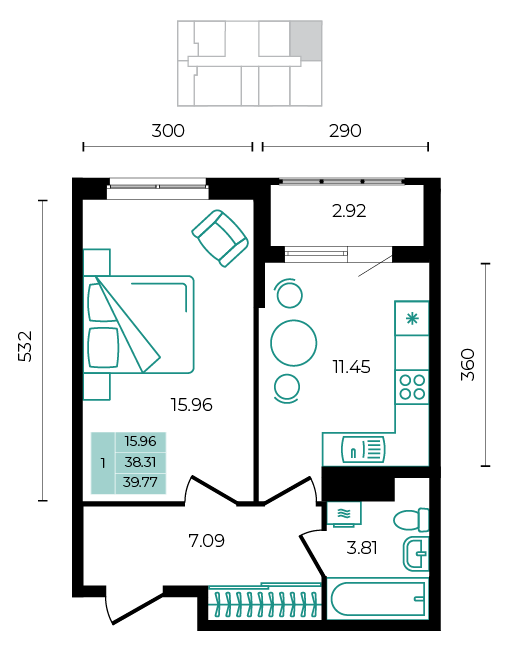 Планировка: 1-комн. квартира 39,8 м²