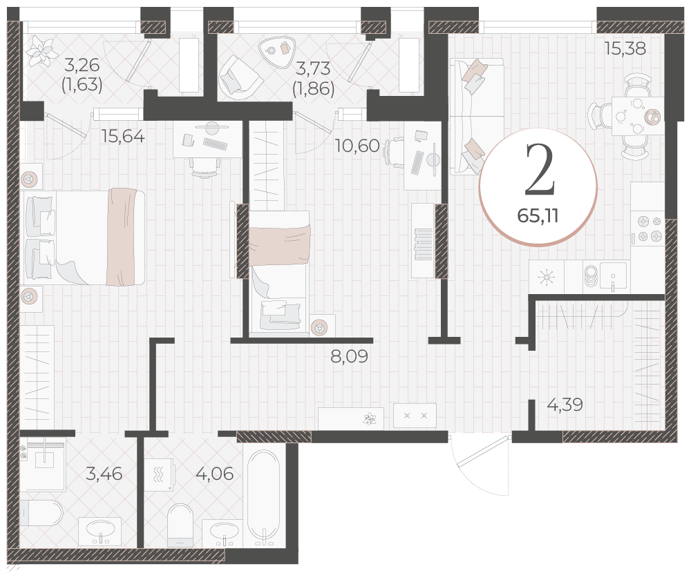 Планировка 2-комнатная 65,11 м²