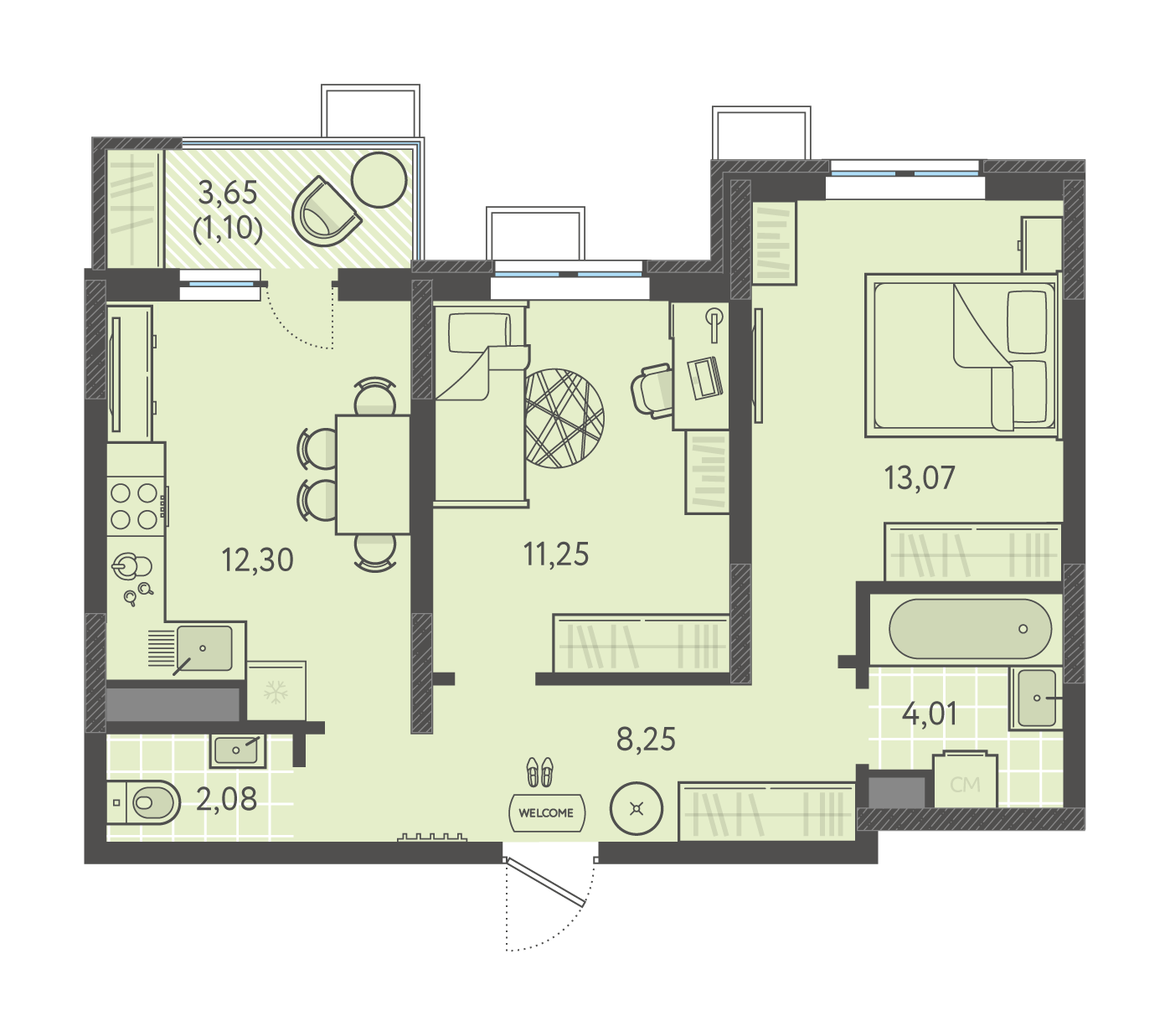 Планировка 2-комнатная 52,06 м²