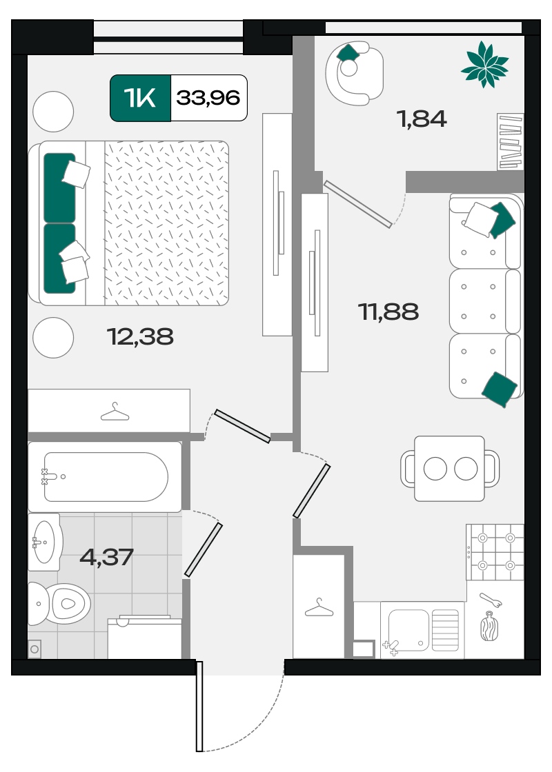 Планировка: 1-комн. квартира 34 м²