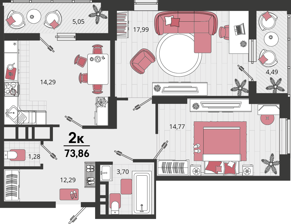 Планировка 2-комнатная 73,86 м²
