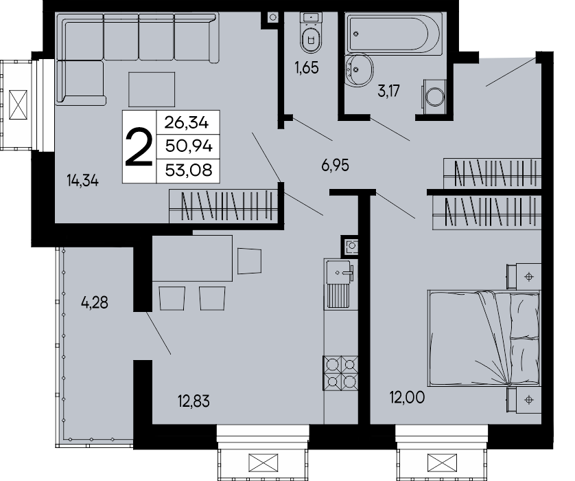 Планировка: 2-комн. квартира 53,1 м²