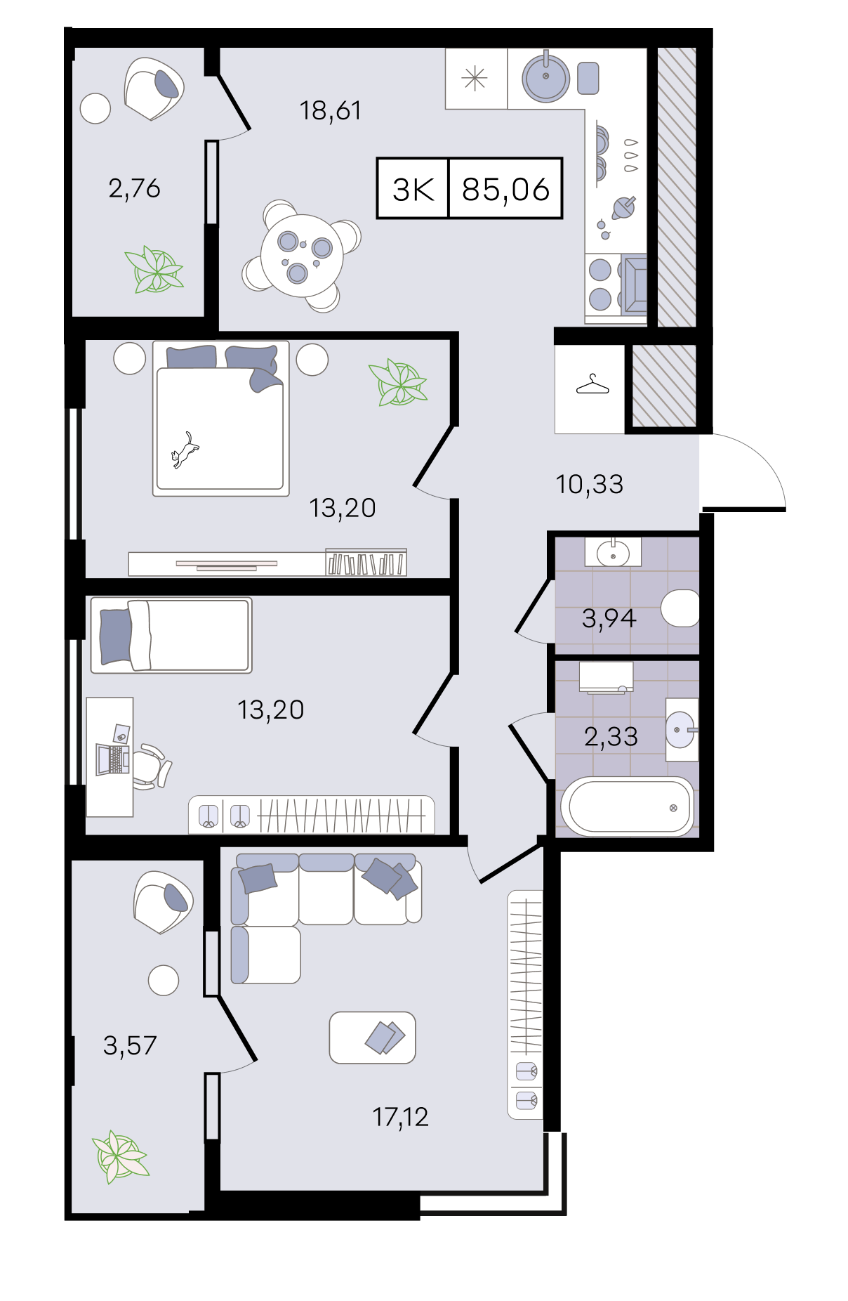 Планировка: 3-комн. квартира 85,1 м²