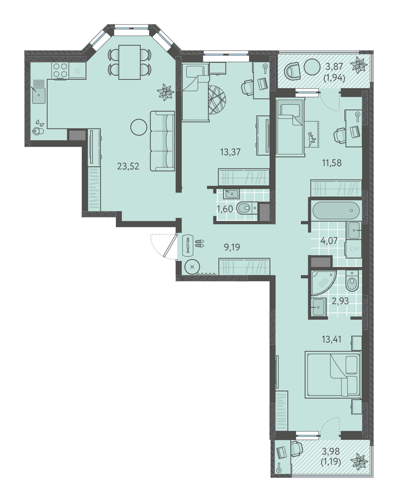 Планировка 3-комнатная 82,8 м²