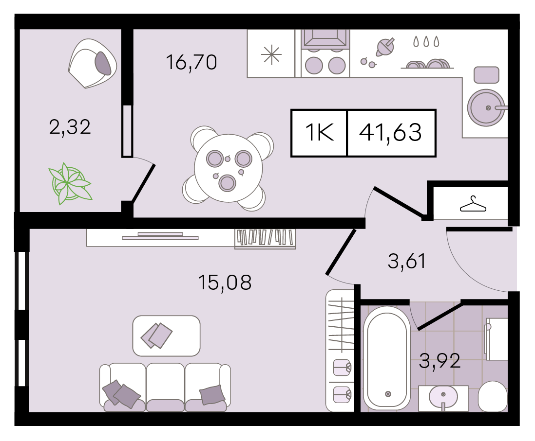 Планировка 1-комнатная 41,63 м²