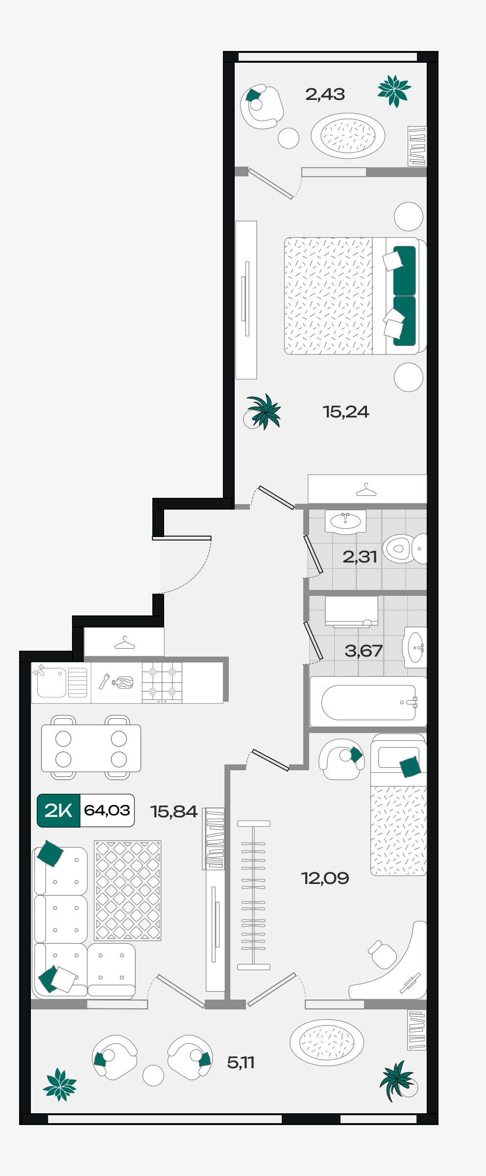 Планировка: 2-комн. квартира 64 м²