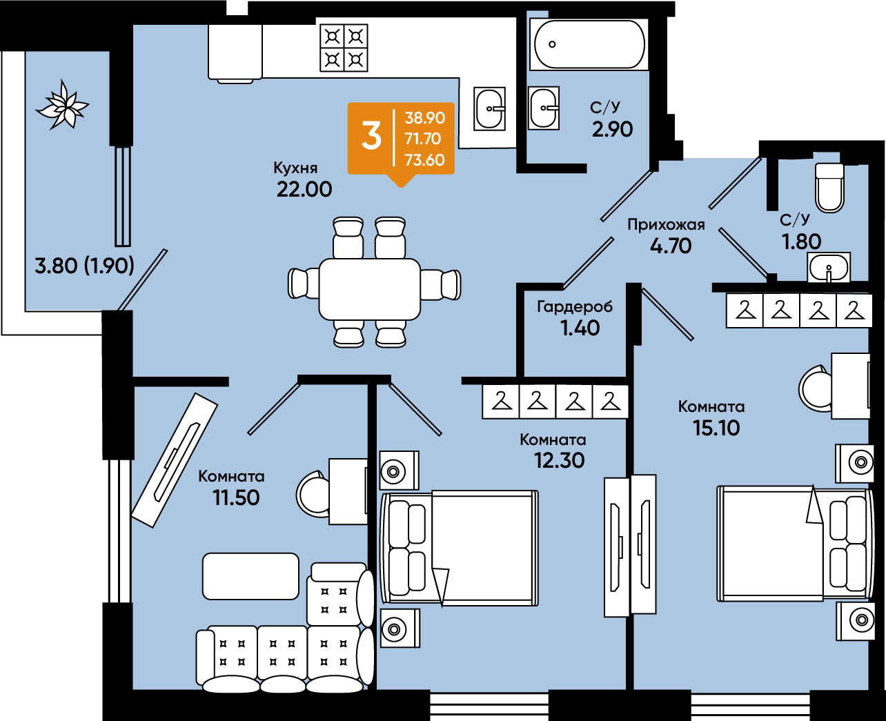 Планировка: 3-комн. квартира 73,6 м²