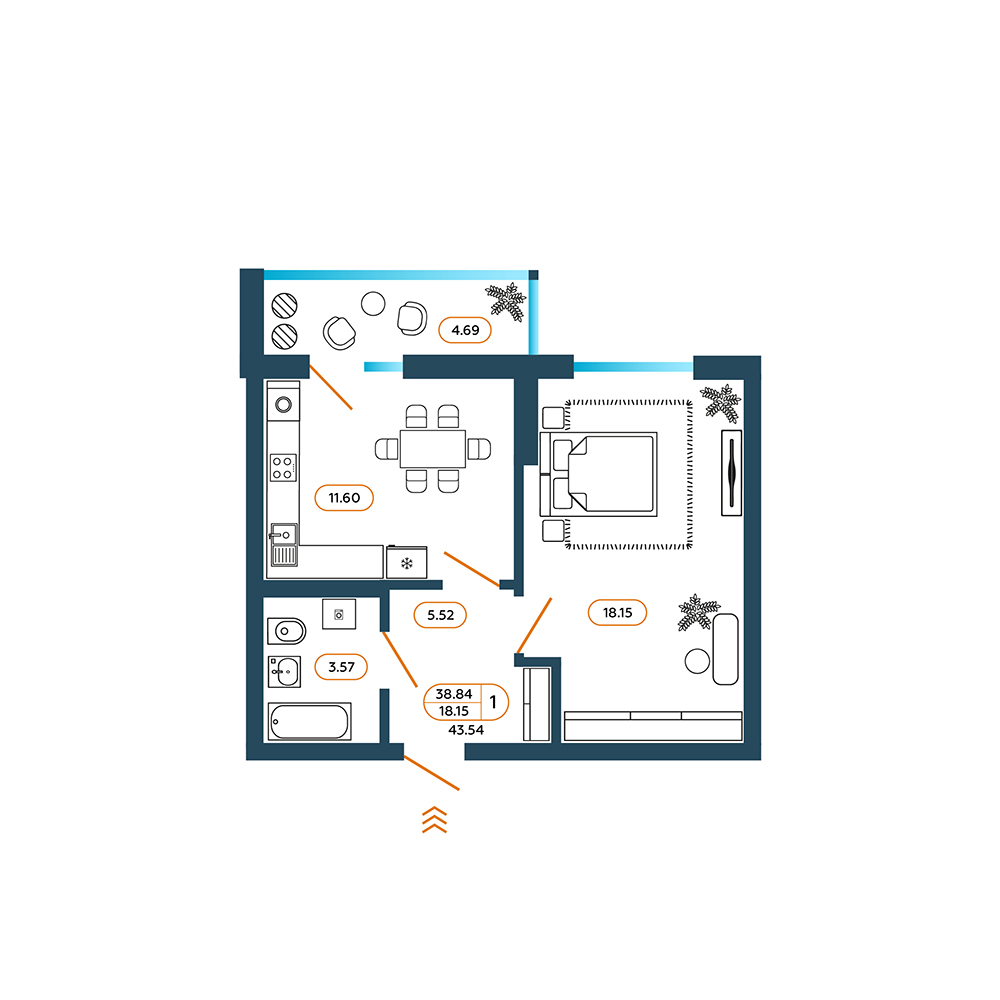 Планировка: 1-комн. квартира 44,3 м²