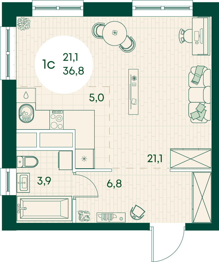 Планировка Студия 36,8 м²