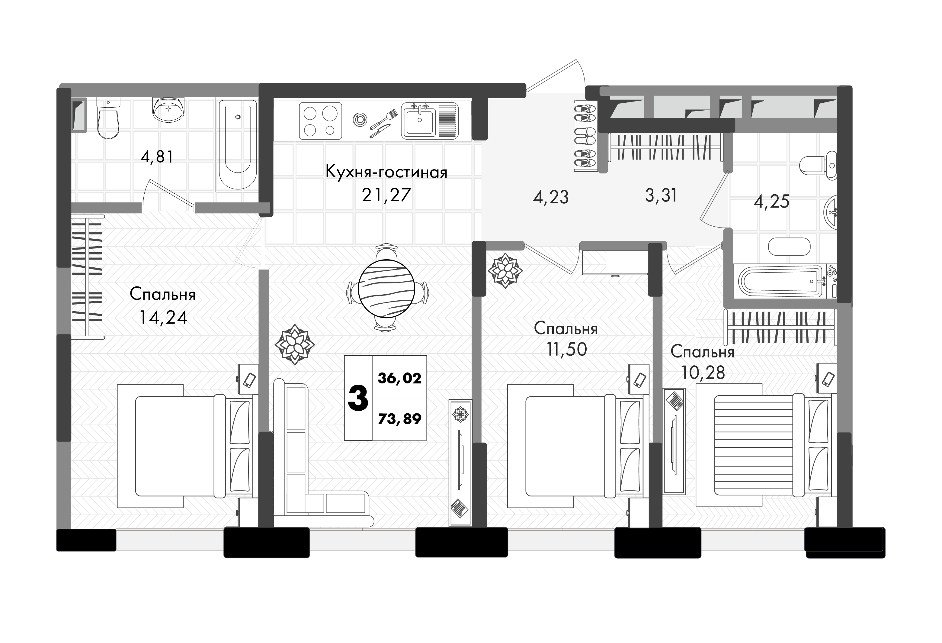Планировка: 3-комн. квартира 73,9 м²