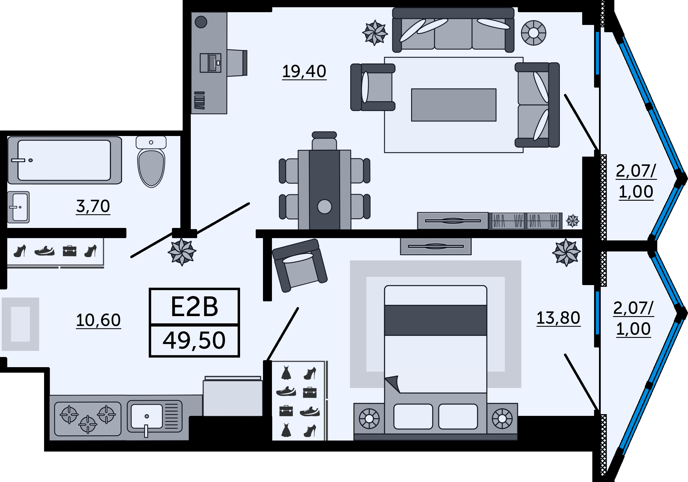 Планировка 2-комнатная 49,5 м²