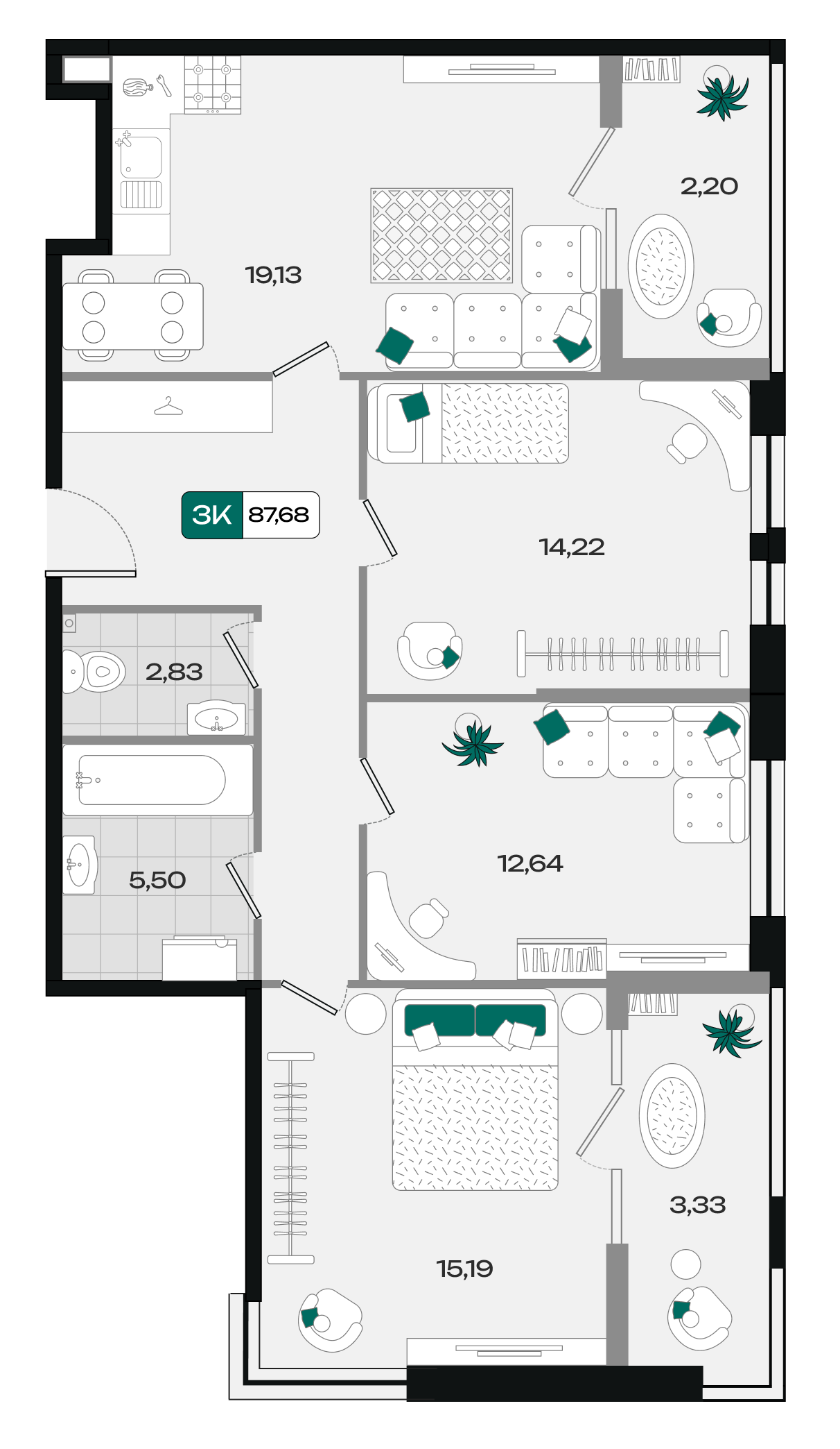 Планировка: 3-комн. квартира 87,7 м²