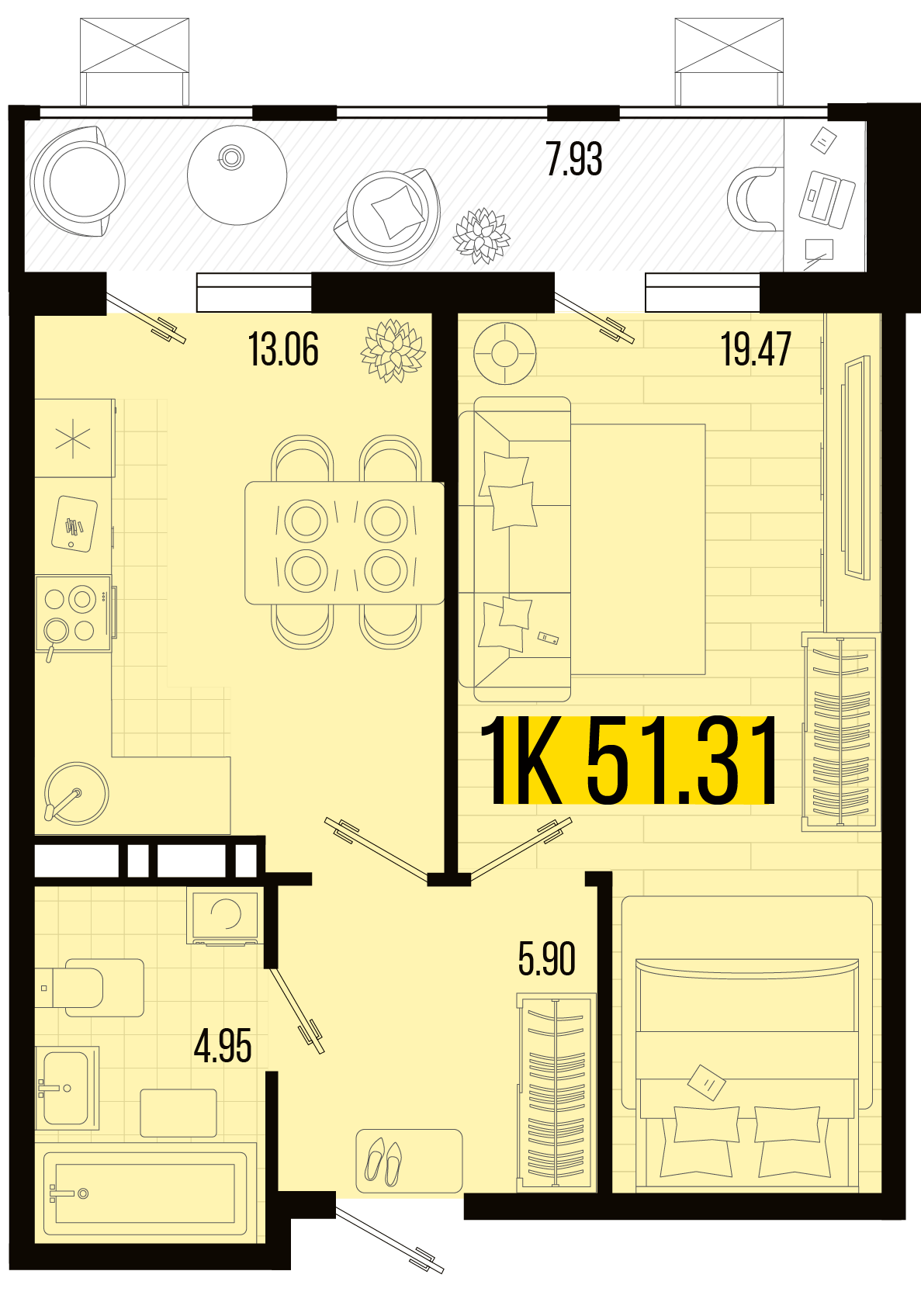 Планировка 1-комнатная 47,55 м²