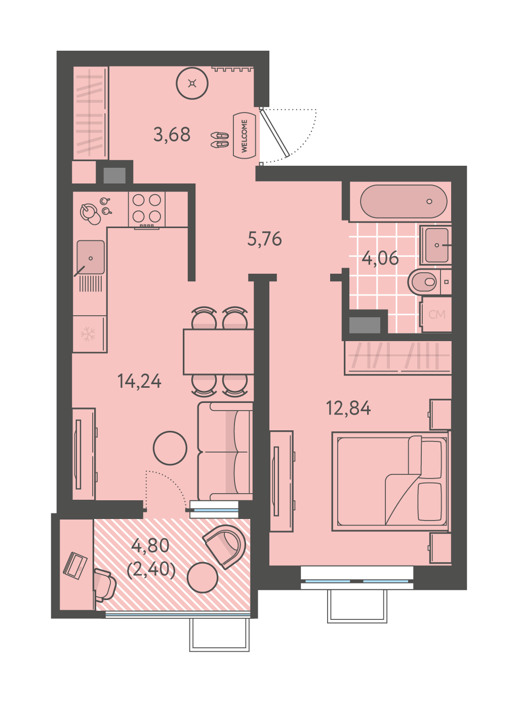 Планировка: 1-комн. квартира 43 м²