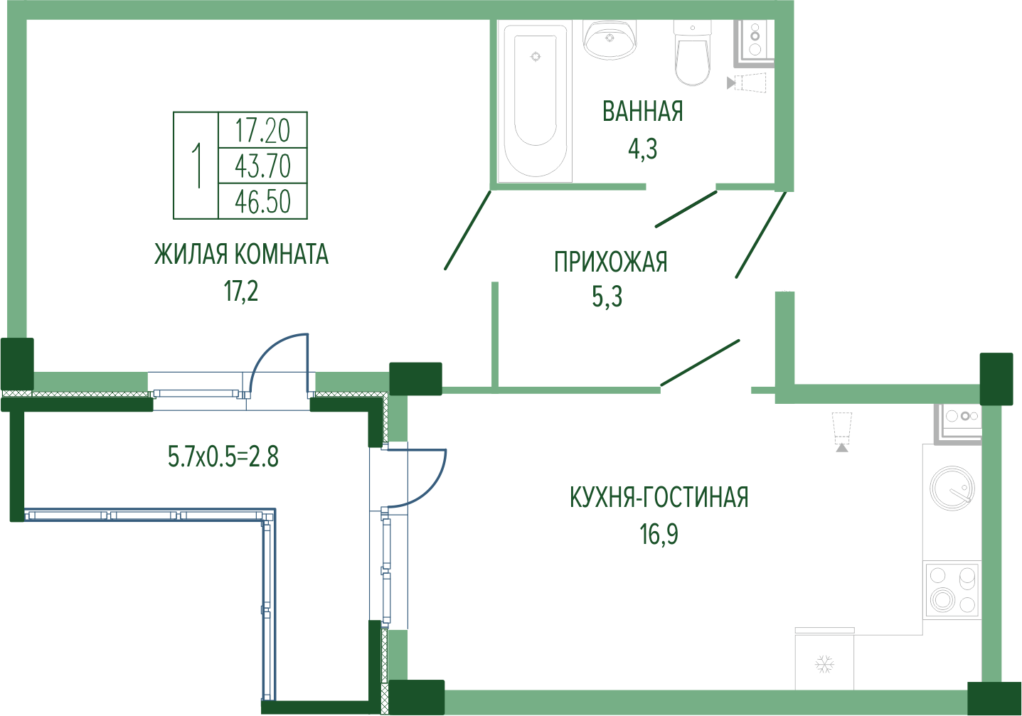 Планировка 1-комнатная 47,85 м²