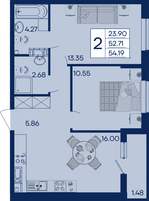 Планировка: 2-комн. квартира 54,2 м²